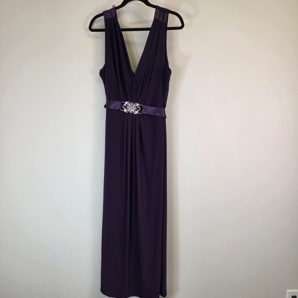 Purple V-Neck Maxi Dress Rhinestone Brooch Waist Satin Trim Formal Gown